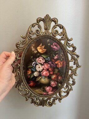Vintage Dark Floral Ornate Frame Florentine Convex Glass 13"
